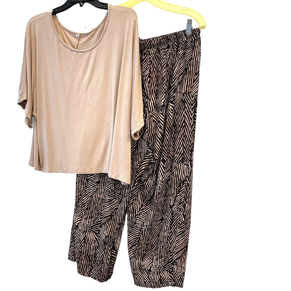 220 Hickory Pull On Casual Pant Outfit Lounge Wide Leg Knit Top Black/Creme L/XL
